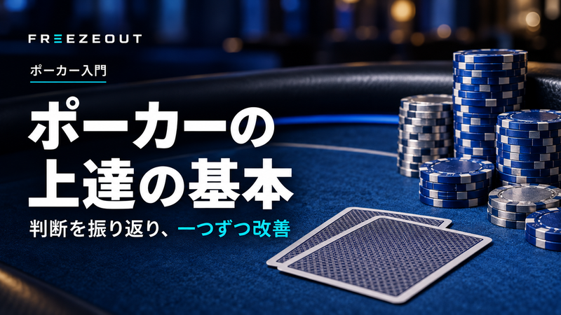 ポーカーの 上達の基本。判断を振り返り、一つずつ改善。FREEZEOUTの紺色・青銀チップのサムネイル。