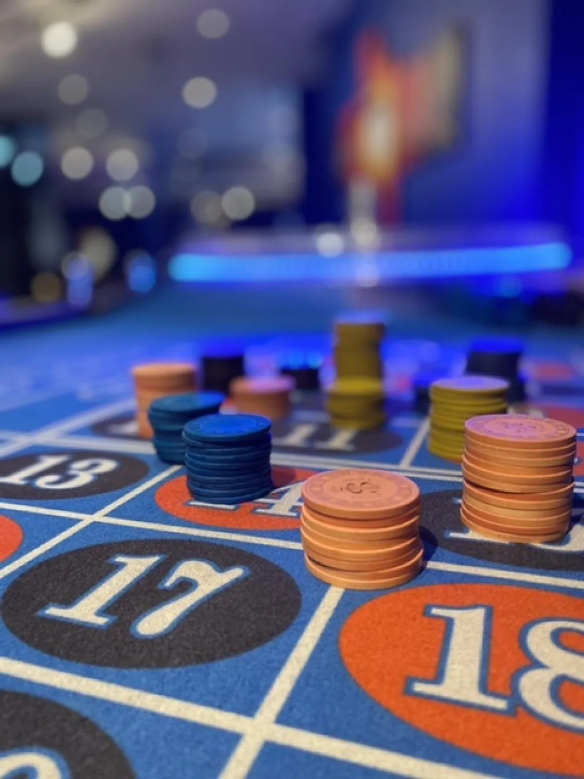 CASINO&DINING ArekeyIIの店内のルーレット台とチップ