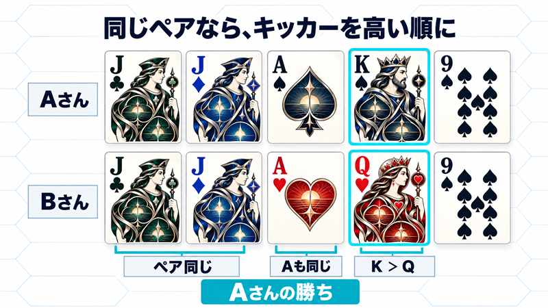 JのペアとAが同じでも、Aさんの次のKがBさんのQより強く、Aさんが勝つ