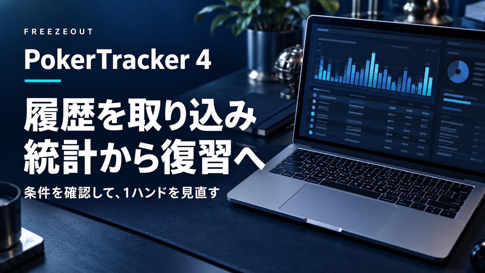 PokerTracker 4の履歴取り込み・統計・復習を表す濃紺の生成イメージ。画面は製品の実画面ではありません。