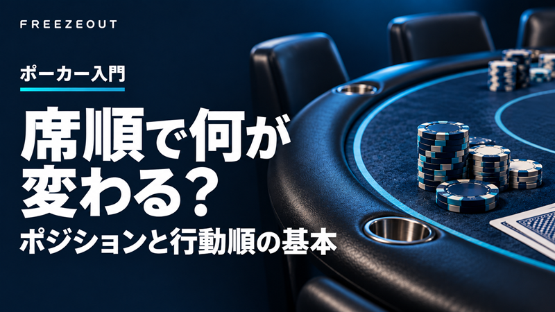 席順で何が変わる?ポジションと行動順の基本。青いポーカーテーブルを背景にしたFREEZEOUTのサムネイル。