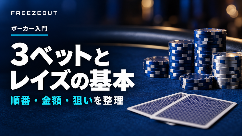 3ベットと レイズの基本。順番・金額・狙いを整理。FREEZEOUTの紺色・青銀チップのサムネイル。