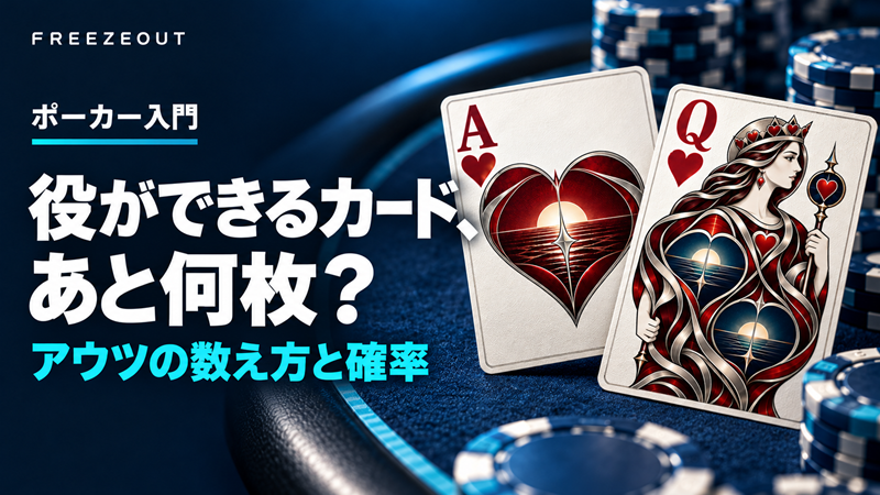 役ができるカード、あと何枚？アウツの数え方と確率。青いポーカーテーブルとカードを使ったFREEZEOUTのポーカー入門サムネイル。