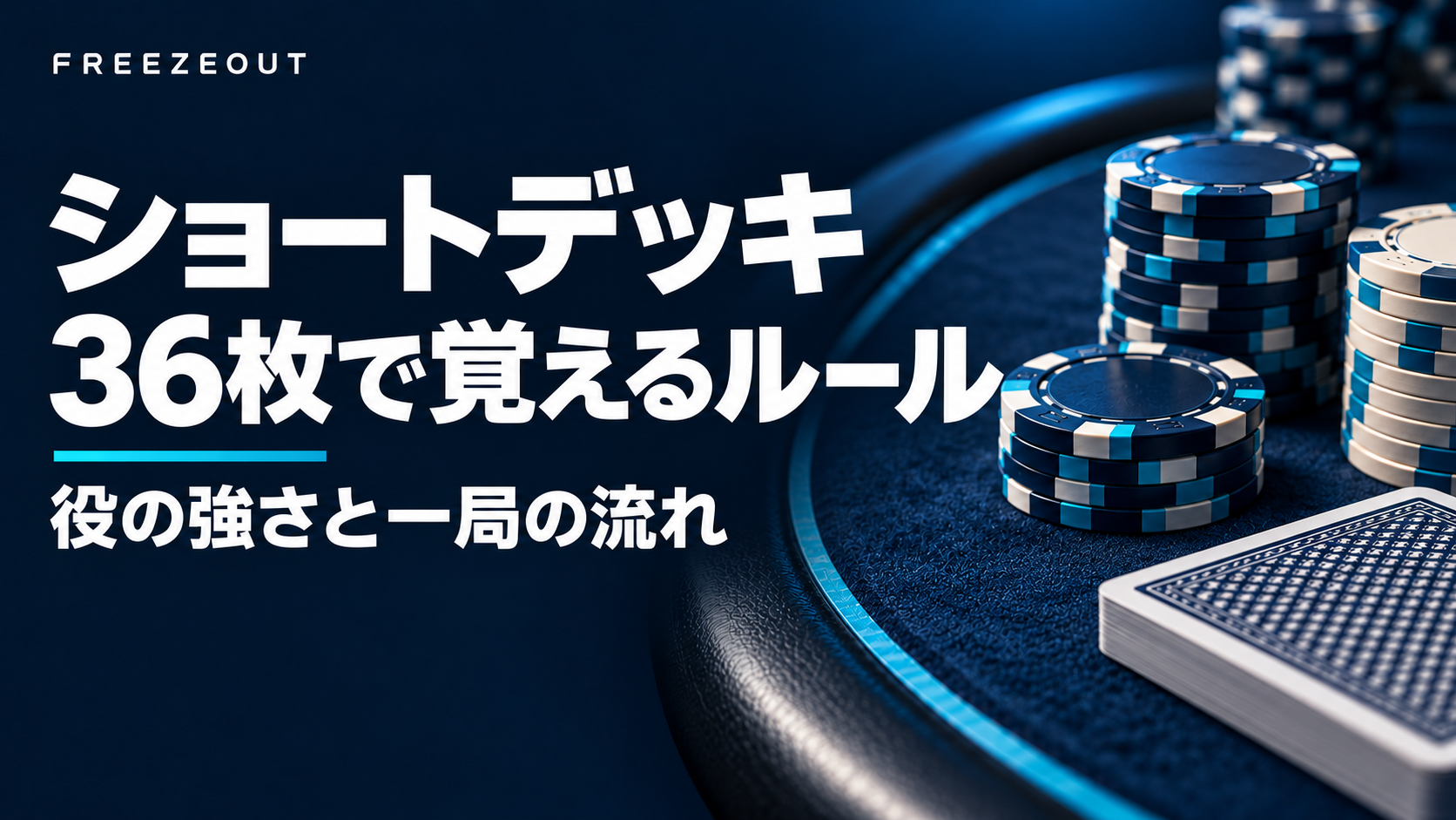 濃紺のフェルトと青銀のチップに、ショートデッキポーカーの36枚・役順・進行を示す文字を置いた記事用生成画像