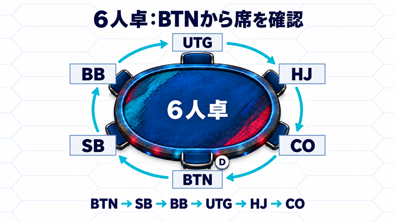 6人卓でBTNから時計回りにSB・BB・UTG・HJ・COが並ぶ席の位置