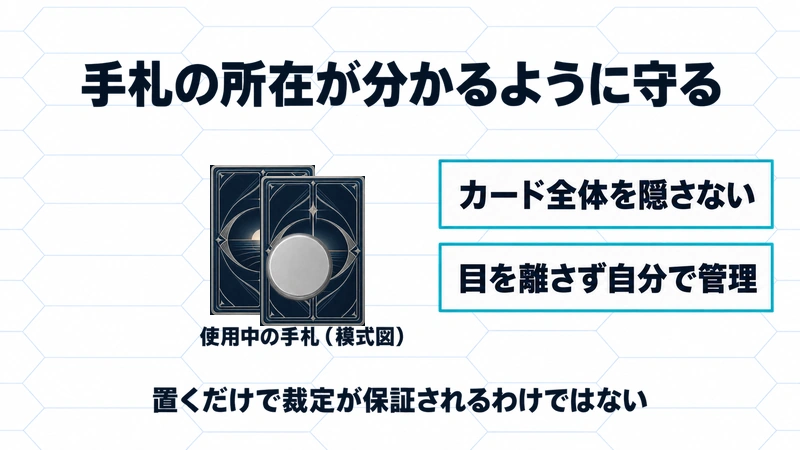 カード全体を隠さず小物を載せ、手札の所在が分かるように自分で管理する模式図。置くだけで裁定が保証されるわけではない