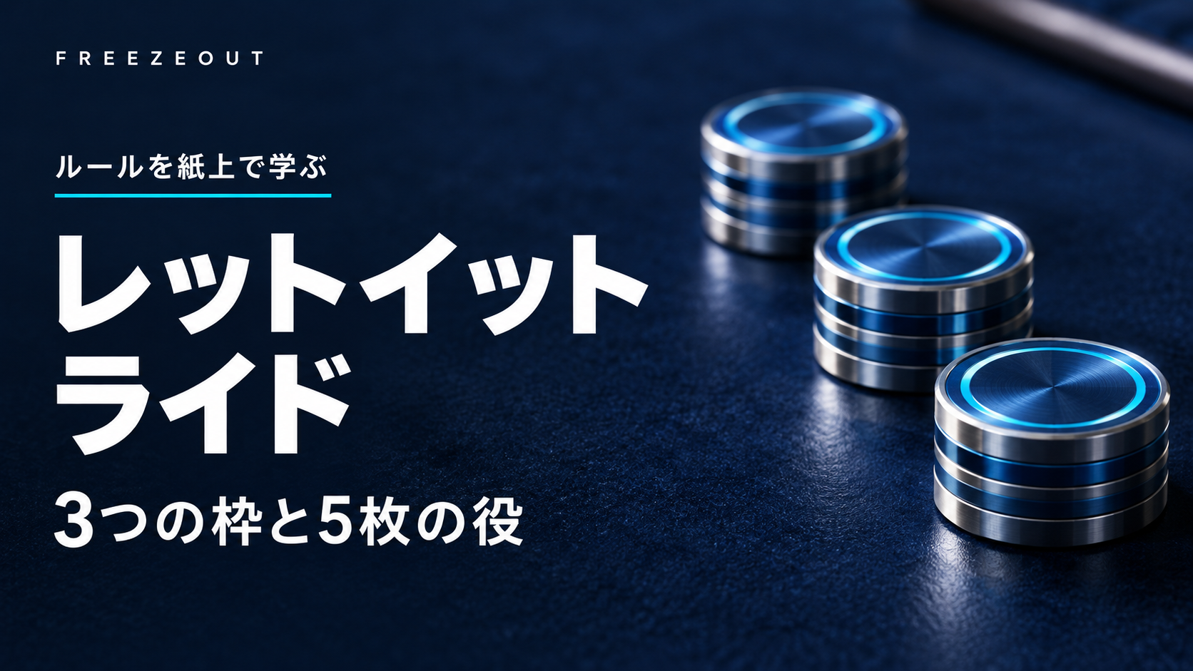 濃紺のフェルトと青銀の教材用トークンに、レットイットライド、3つの枠と5枚の役と記した生成アイキャッチ。