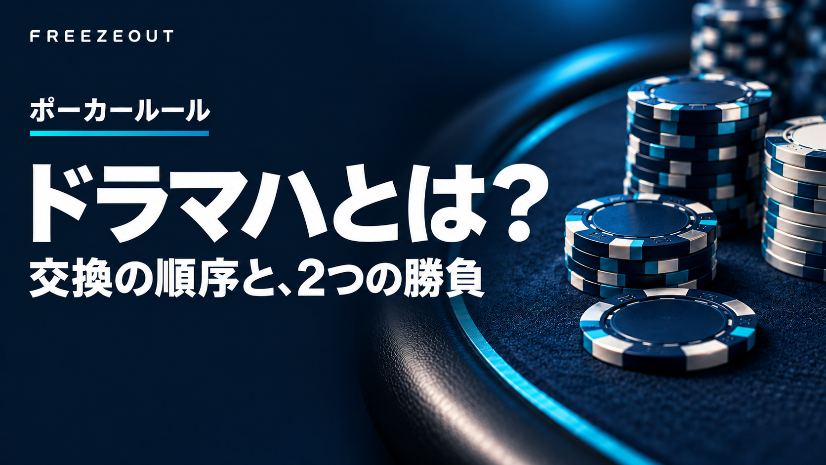 濃紺のポーカーテーブルと青銀のチップを背景に、ドラマハの交換順と二つの勝負を案内する生成イメージ