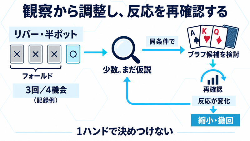 リバーの半ポットに4機会中3回フォールドした記録を、少数の仮説として確認する。同条件のブラフ候補を検討し、反応が変化したら縮小・撤回する流れ。1ハンドで決めつけない。