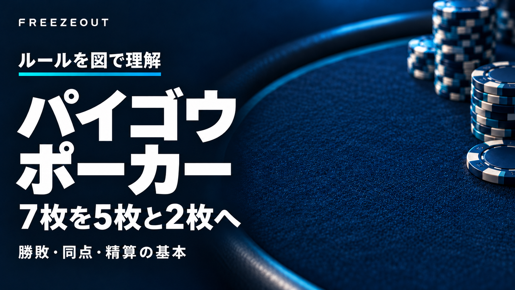 濃紺のフェルトと青銀チップに「パイゴウポーカー、7枚を5枚と2枚へ」と置いた生成イラスト