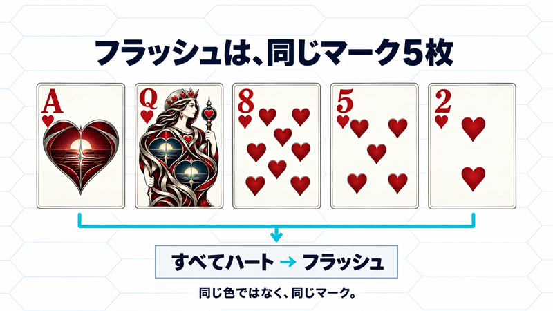 A・Q・8・5・2のハート5枚でフラッシュが成立する。同じ色でなく、同じマークが5枚必要。