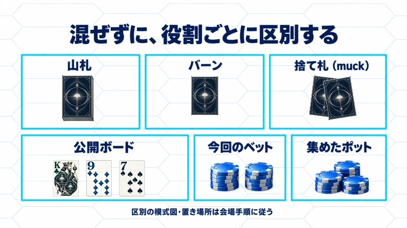 山札、バーン、捨て札、公開ボード、今回のベット、集めたポットを区別する模式図。固定の卓上座標は示さない