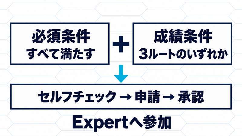 必須条件をすべて満たし成績3ルートのいずれかを満たした後、セルフチェック・申請・承認を経てExpertへ参加する図