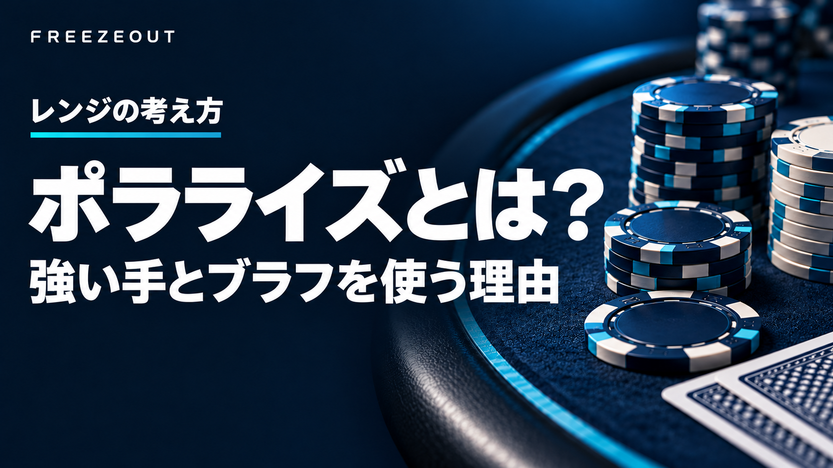 紺色のポーカーテーブルと青銀のチップに、ポラライズとは、強い手とブラフを使う理由と記したアイキャッチ