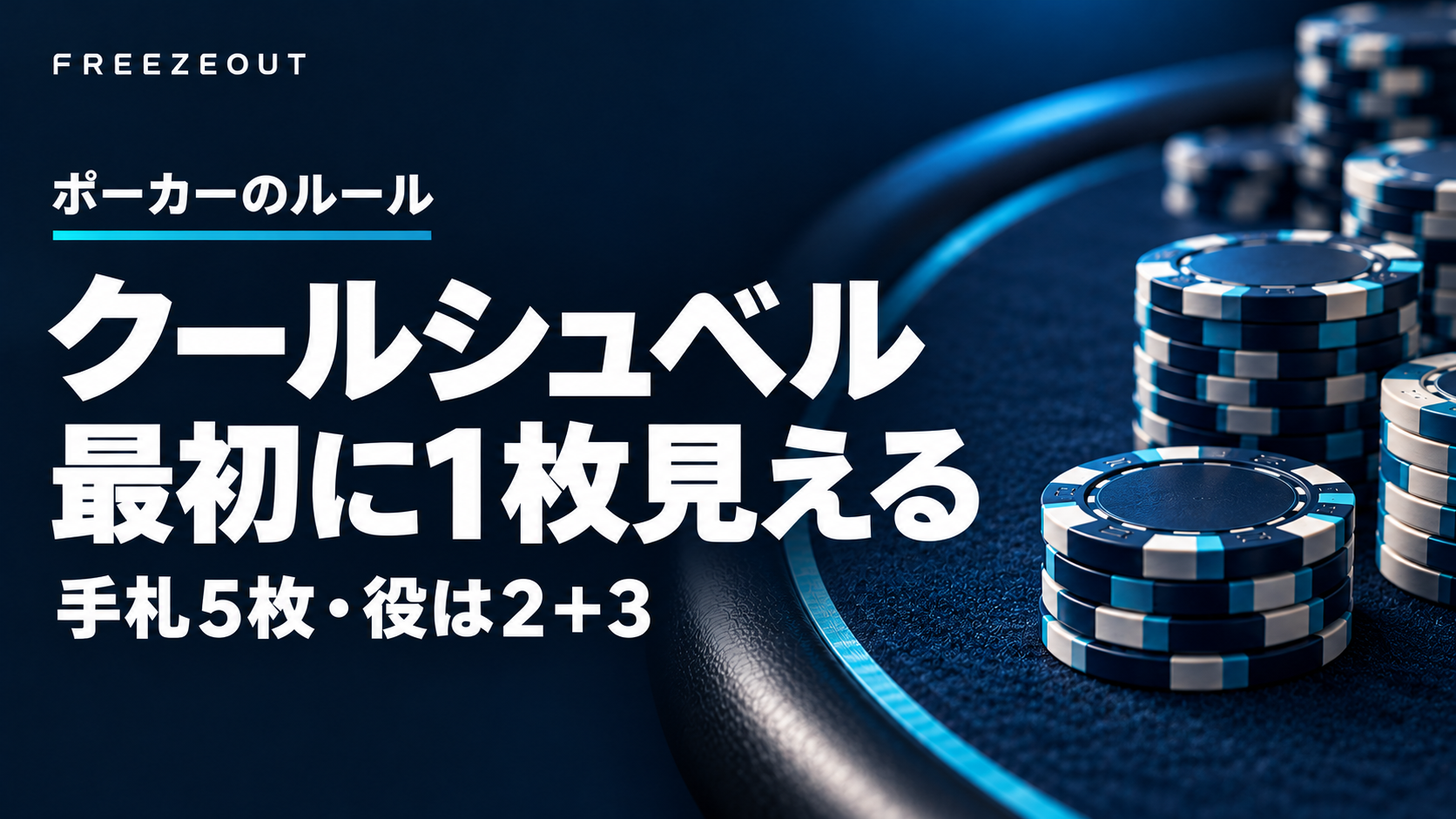 クールシュベルは最初に1枚が見え、手札5枚から役を2+3で作ることを示す濃紺のAI生成アイキャッチ
