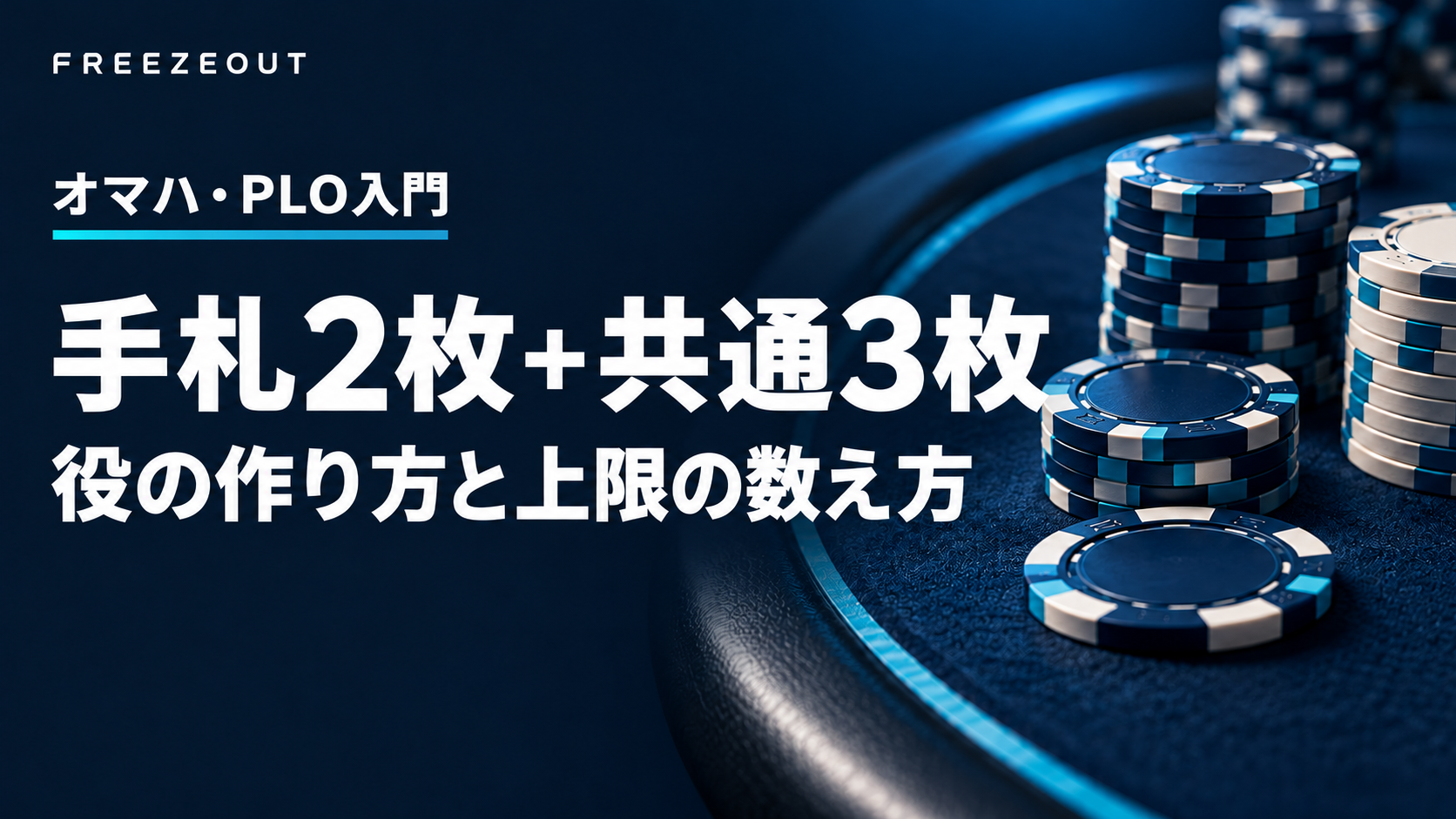濃紺のテーブルと青銀のチップに、オマハ・PLOの役の作り方と上限計算を示したアイキャッチ