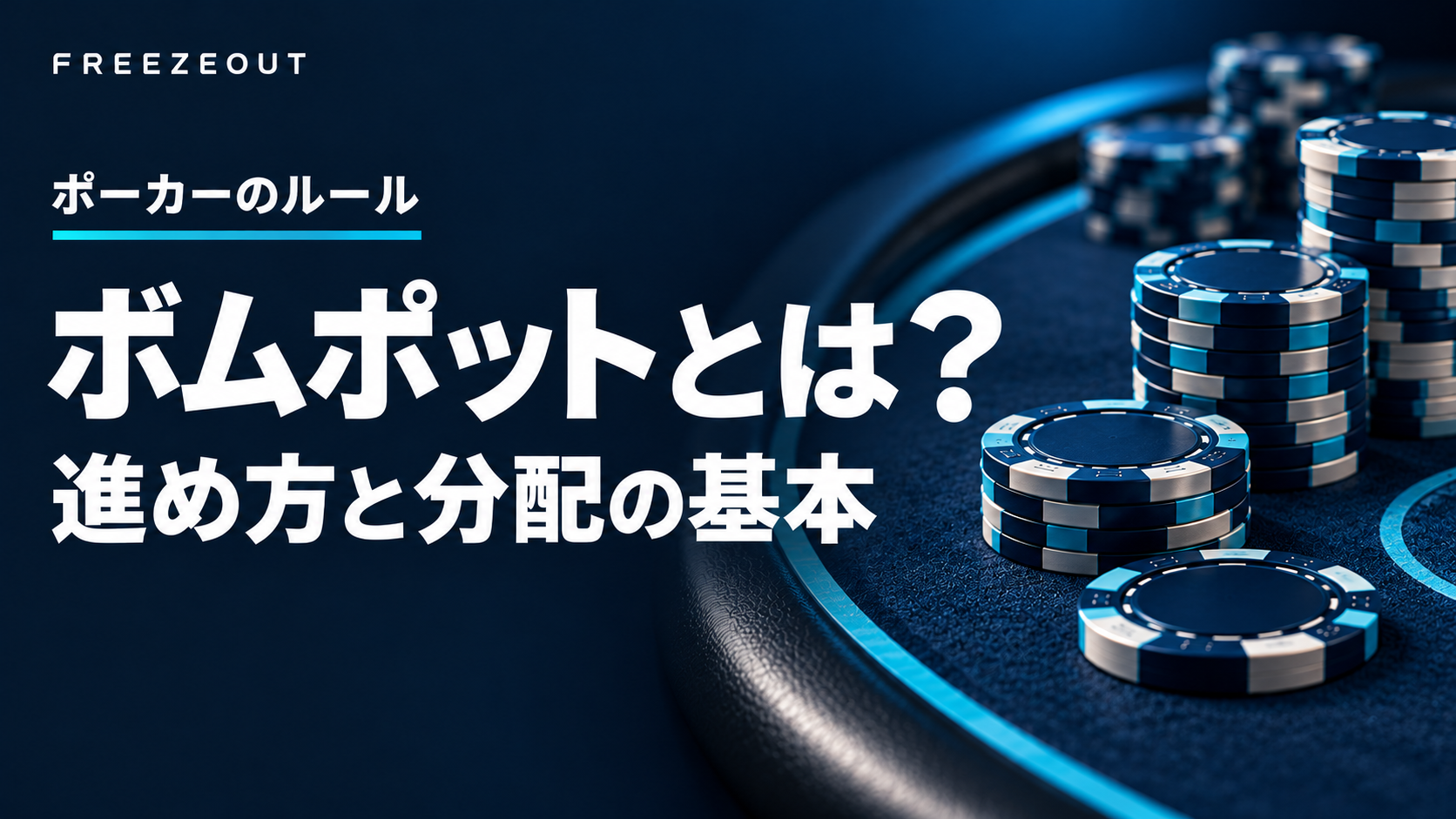 濃紺のフェルトと青銀のチップを背景に、ボムポットの進め方と分配の基本を案内する生成イメージ