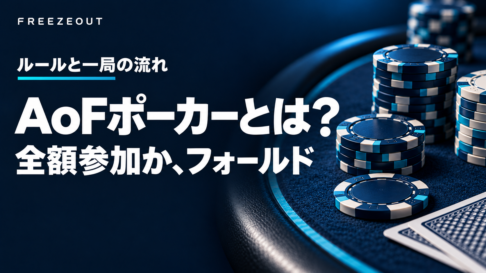 濃紺の卓と青銀のチップを背景に、AoFポーカーの全額参加かフォールドという二択を示すイメージ