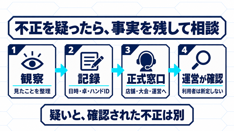 不正が疑われたら、見たことの観察、日時やハンドIDの記録、正式窓口への相談、運営の確認へ進み、利用者は断定しない流れ