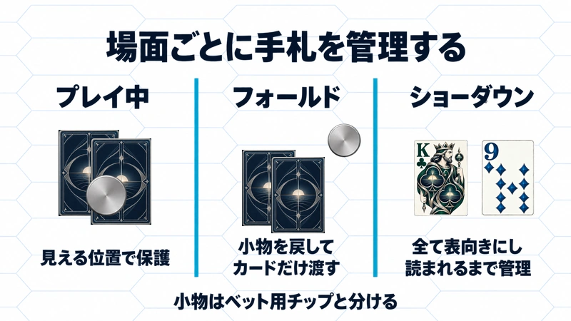 プレイ中は見える位置で保護し、フォールドでは小物を戻してカードだけ渡し、ショーダウンでは全て表向きにして読まれるまで管理する3場面の模式図