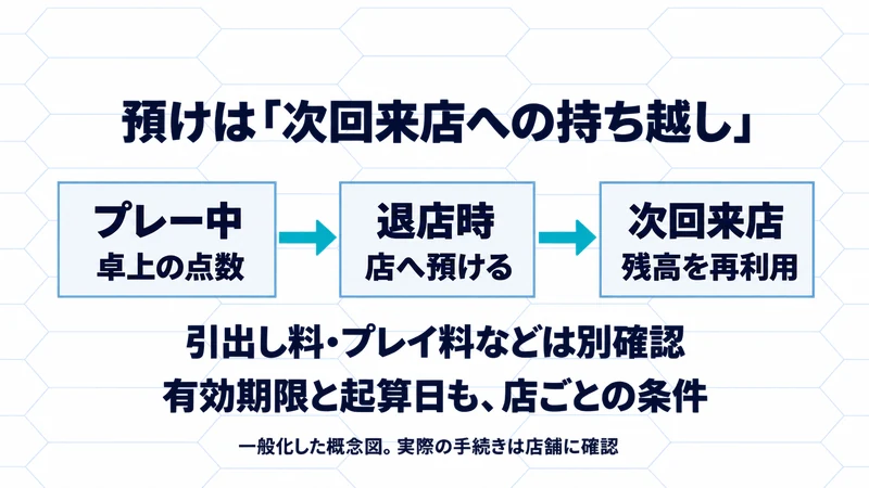 プレー中の卓上点数を退店時に店へ預け、次回来店時に再利用する考え方。引出し料・プレイ料と、期限・起算日は店ごとの条件を確認する概念図