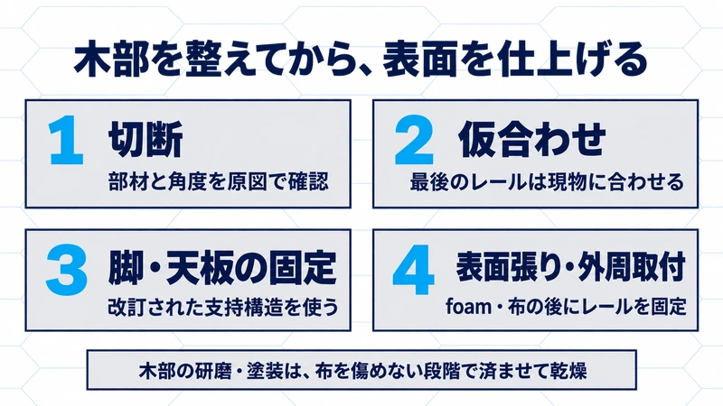 木部を切断、仮合わせ、脚と天板の固定、表面張りと外周取付の順に確認する