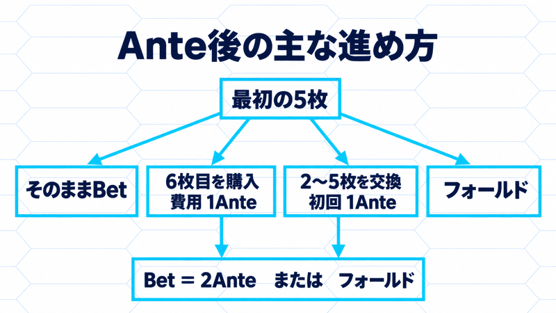 Ante後の主な進行。そのままBet、6枚目購入、2〜5枚交換、フォールド。購入・複数枚交換後はBetまたはフォールド