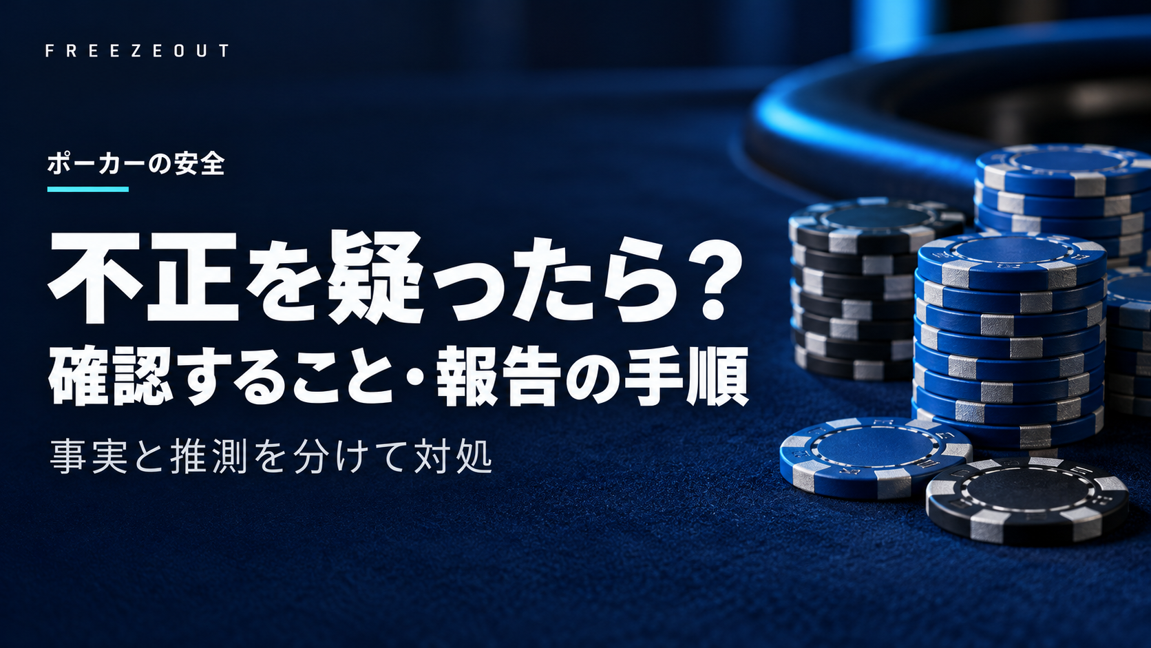 濃紺のテーブルと青銀のチップに、不正を疑ったら、確認すること・報告の手順と記したアイキャッチ