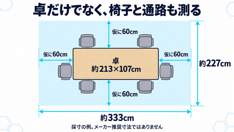 卓約213×107cmの周囲に、椅子や動作の余白を仮に60cmずつ加える採寸図。検討する外形は約333×227cm。メーカー推奨寸法ではなく採寸の例。